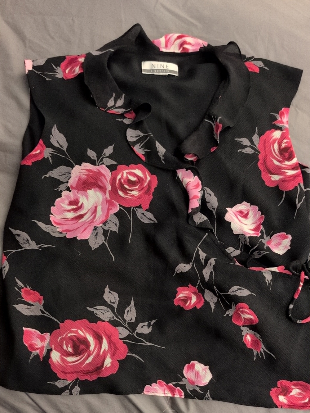 Nine West Black Floral Ruffle Sleeve Blouse - Pink Rose Print